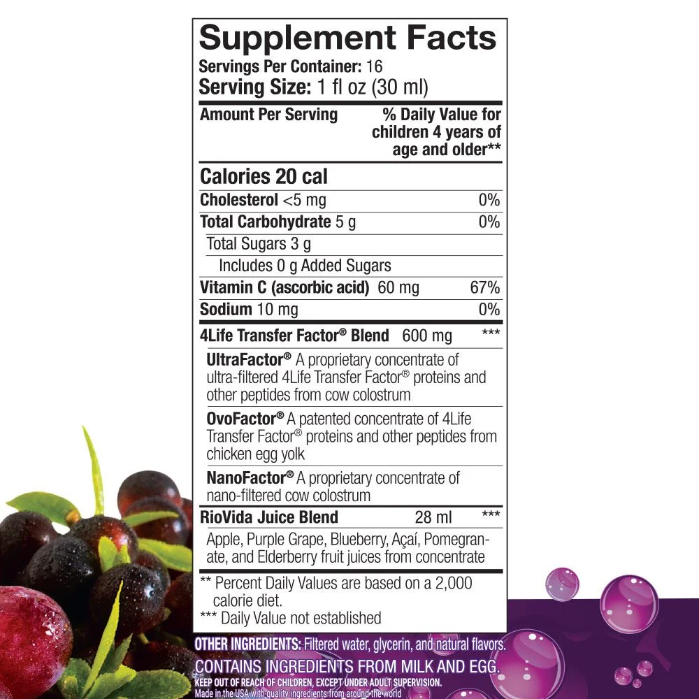 Supplement facts riovida juice
